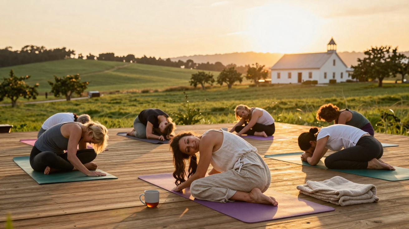 Grupo a praticar yoga ao ar livre numa plataforma de madeira ao pôr do sol, com uma casa branca ao fundo.