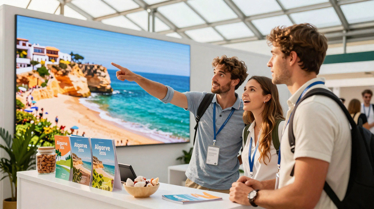 Três pessoas num balcão de turismo, com brochuras do Algarve e ecrã grande com imagem da praia.