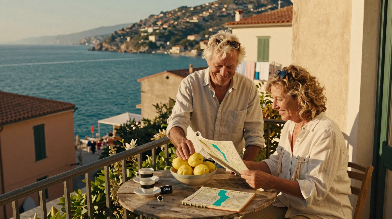 Casal sorridente a planear viagem com mapas num terraço com vista mar e montanha ao fundo.