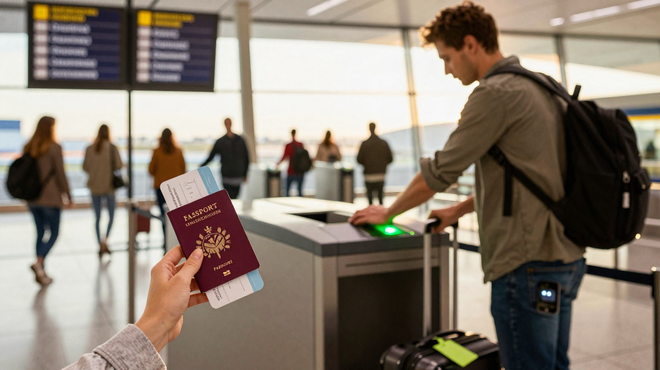 Pessoa a segurar passaporte e bilhete num aeroporto, com outra a passar controlo de segurança com mala.