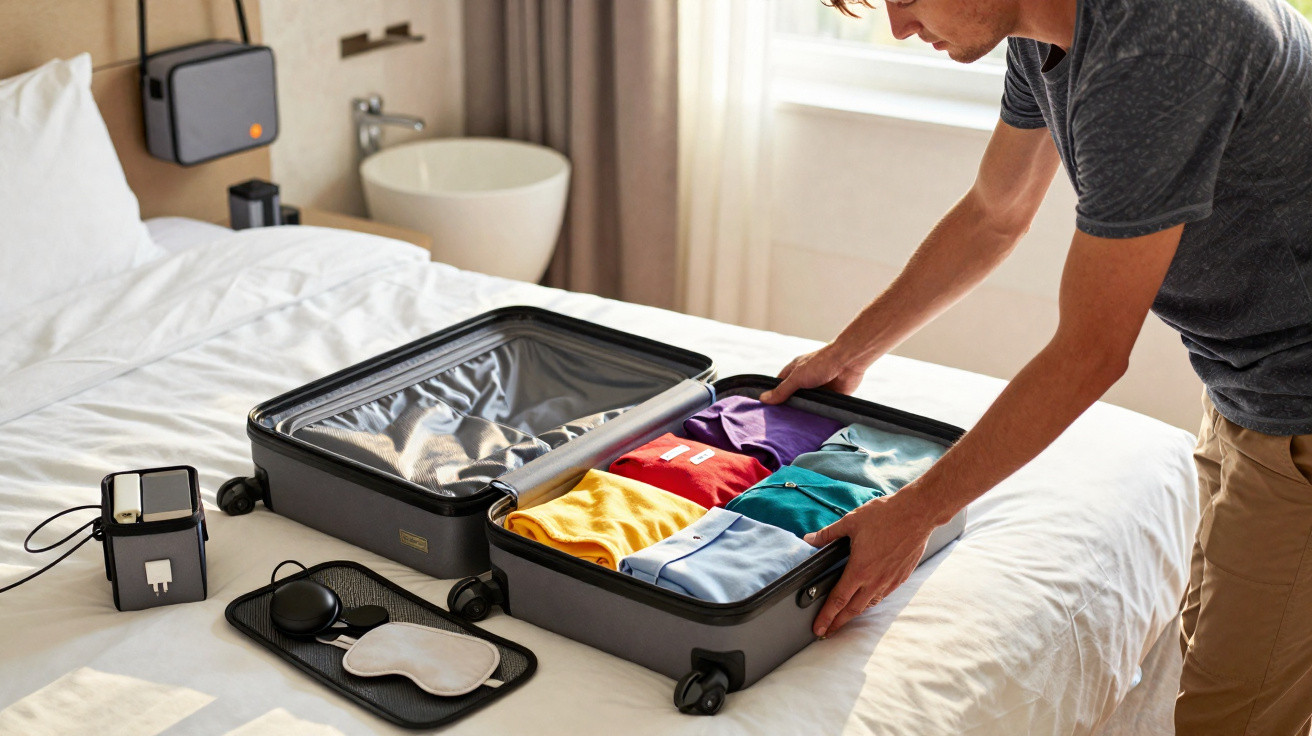 Homem a organizar roupas numa mala preta aberta numa cama num quarto iluminado natural.