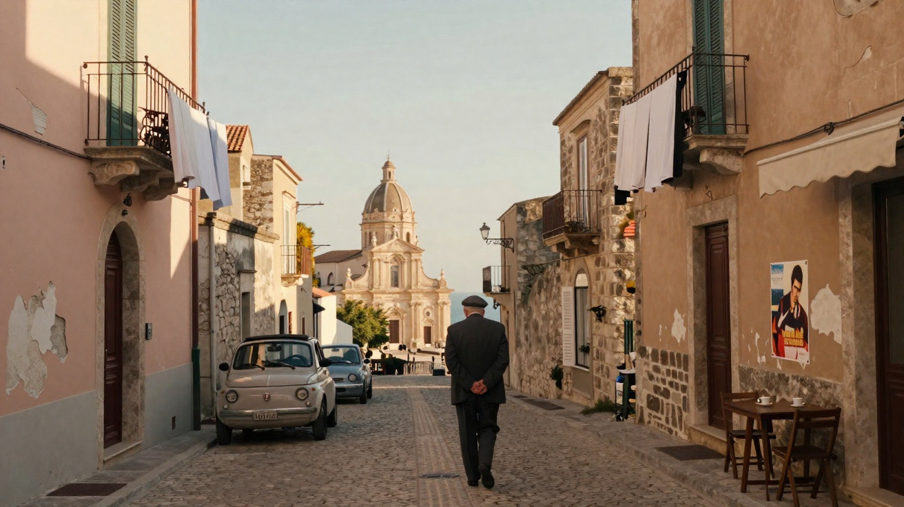 Homem de casaco e chapéu caminha numa rua com edifícios antigos e carros, com igreja ao fundo.