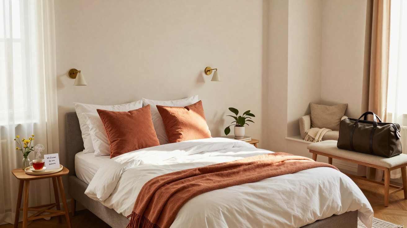Quarto moderno com cama arrumada, almofadas castanhas, manta laranja, candeeiros de parede e banco com mala.