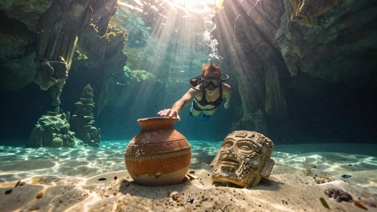 Mergulhador explora antiguidades subaquáticas, incluindo um vaso de cerâmica e uma cabeça esculpida com ornamentos.