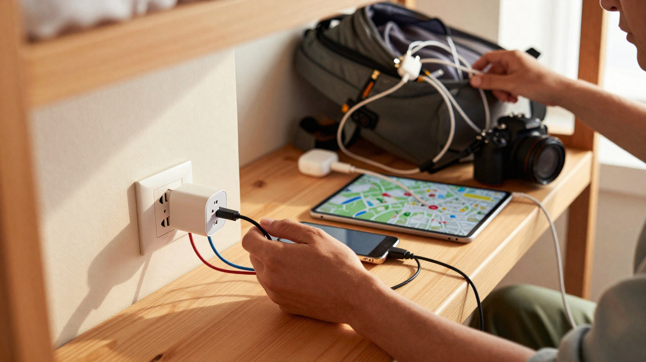 Mãos a ligar carregador a tomada com mesa, telemóvel, tablet com mapa e mochila ao fundo.