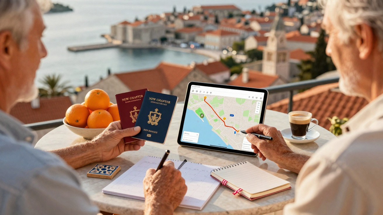 Duas pessoas planeiam viagem num terraço, com passaportes, tablet a mostrar mapa e caderno na mesa.