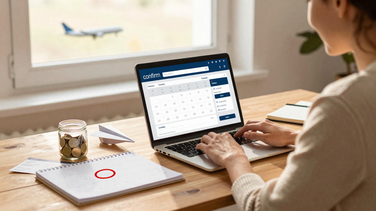 Pessoa a marcar datas num calendário online num portátil, com avião a voar pela janela.