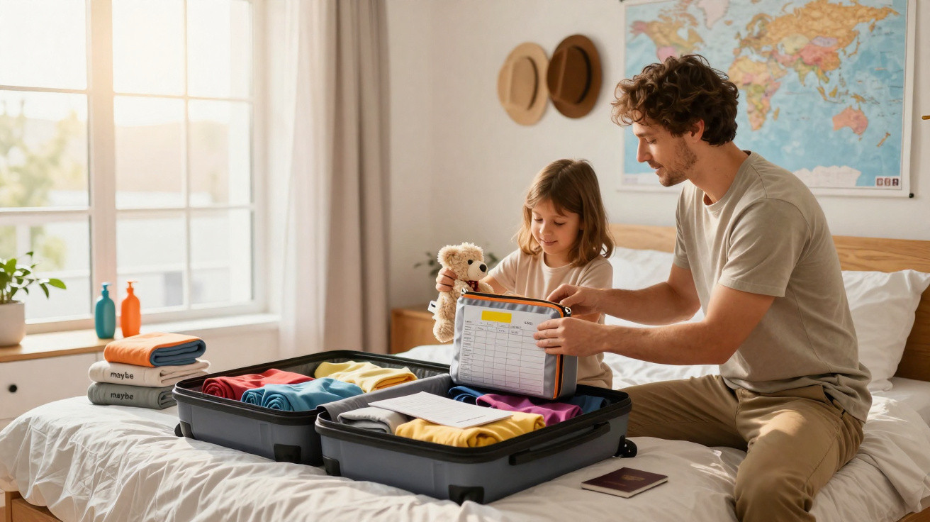 Homem e menina arrumam uma mala de viagem com roupas e brinquedos na cama de um quarto iluminado.