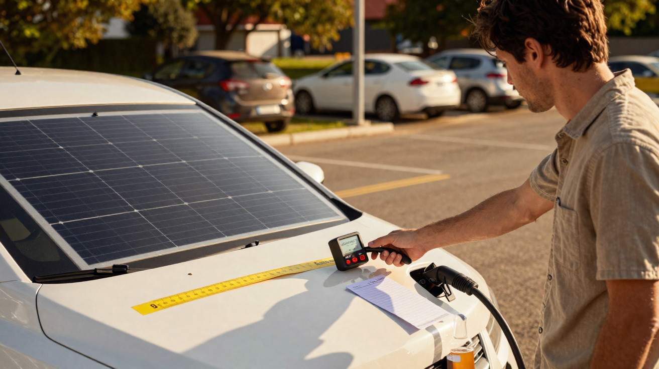 Homem mede com dispositivo eletrónico painel solar colocado no capô de um carro estacionado.