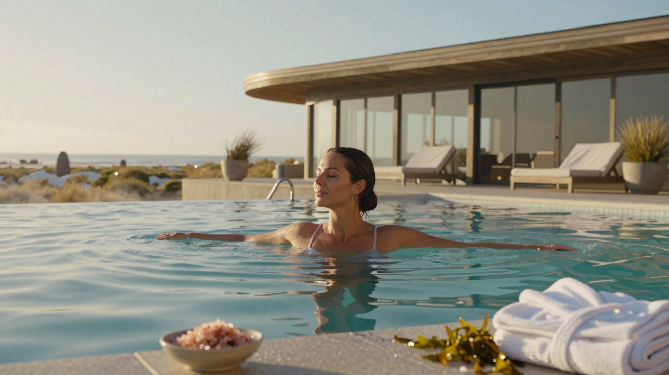Mulher relaxa numa piscina exterior com vista para edifício moderno e mar ao pôr do sol.