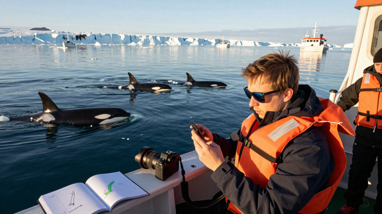 Homem com colete salva-vidas tira foto de orcas junto a barco com caderno e câmera perto de icebergues.