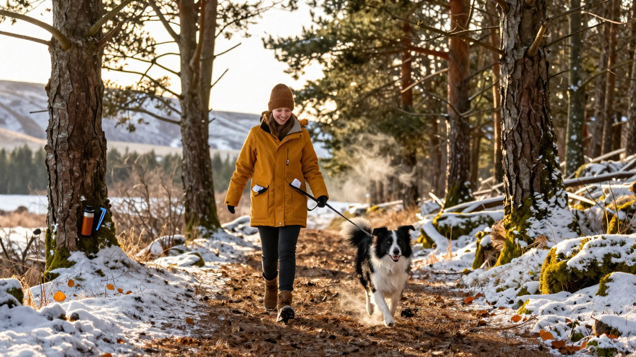 Mulher com casaco amarelo e gorro castanho passeia com cão preto e branco numa floresta com neve e chão coberto de folhas.