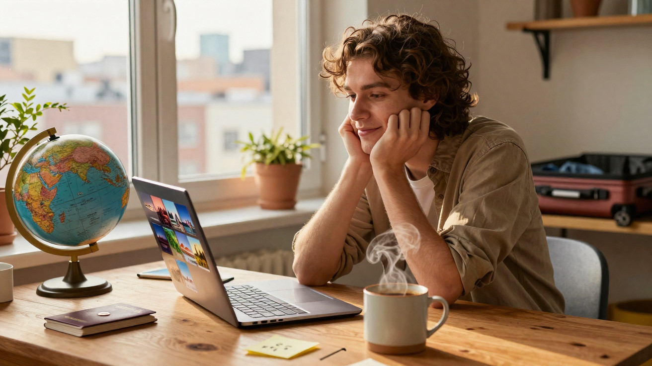 Jovem sentado à mesa a olhar para laptop com imagens de viagens, ao lado de um globo e uma chávena de café fumegante.