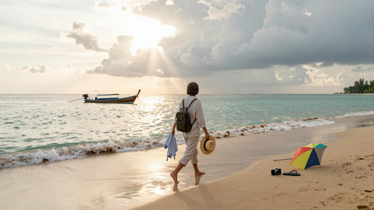 Pessoa a caminhar descalça na praia ao pôr do sol, com um barco ao longe e um guarda-sol colorido na areia.
