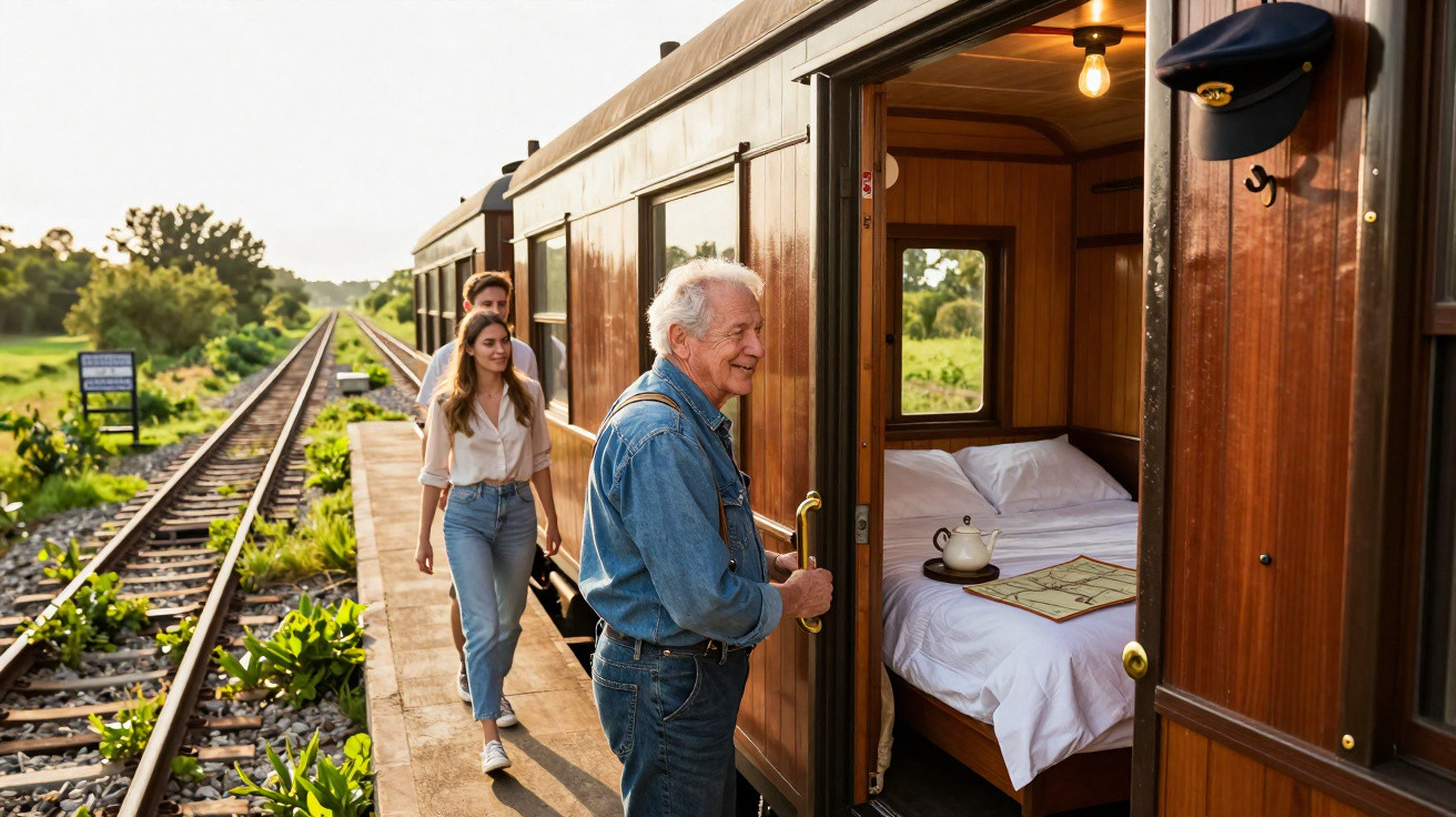 Homem idoso e jovens entram num comboio vintage com camarote e cama, ao pôr do sol, numa estação rural.