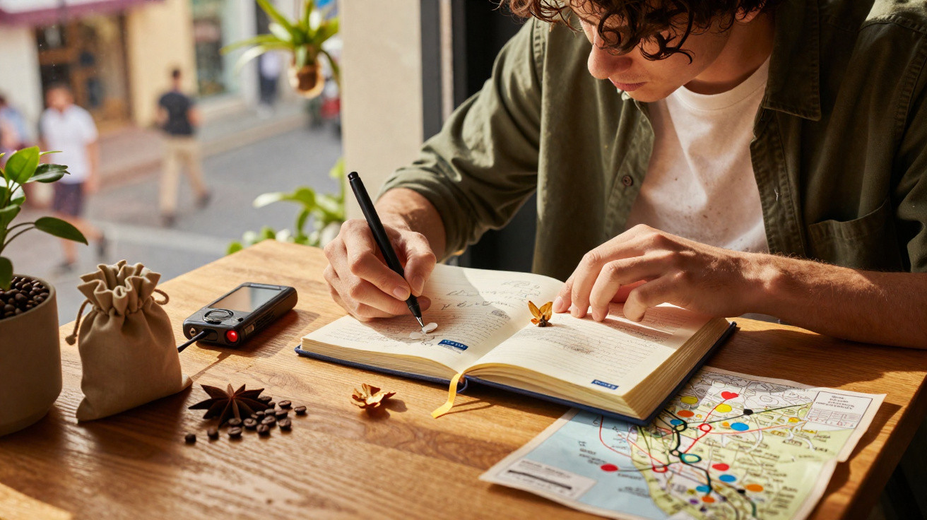 Pessoa a escrever num caderno aberto numa mesa de madeira, com mapa, plantas e objetos decorativos.