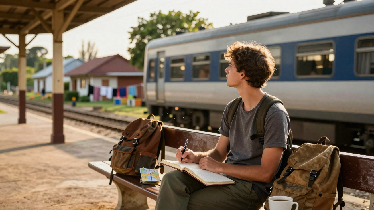 Jovem sentado numa estação de comboios, a escrever num caderno com mochila e mapa ao lado.