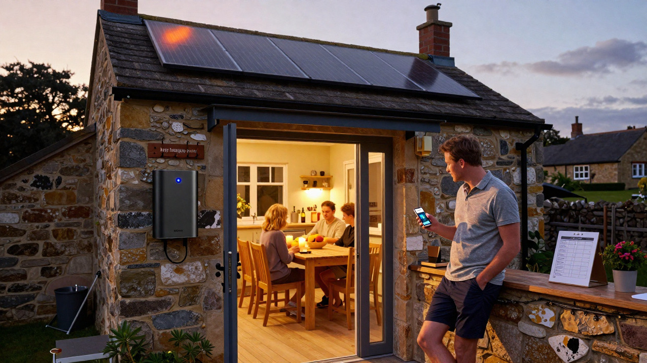 Casa de pedra com painéis solares no telhado, pessoas sentadas à mesa no interior iluminado, homem fora a usar telemóvel.