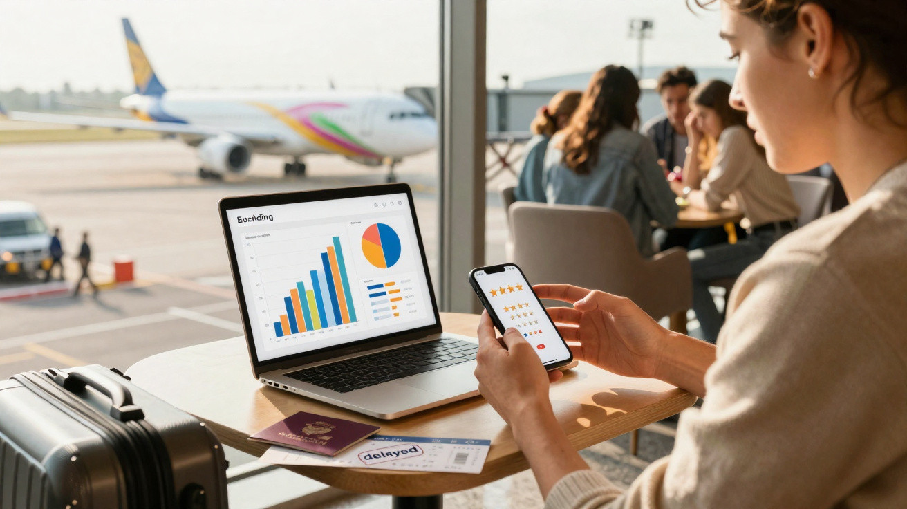 Pessoa numa sala de espera do aeroporto a usar smartphone e portátil com gráficos, mala e bilhete de voo na mesa.