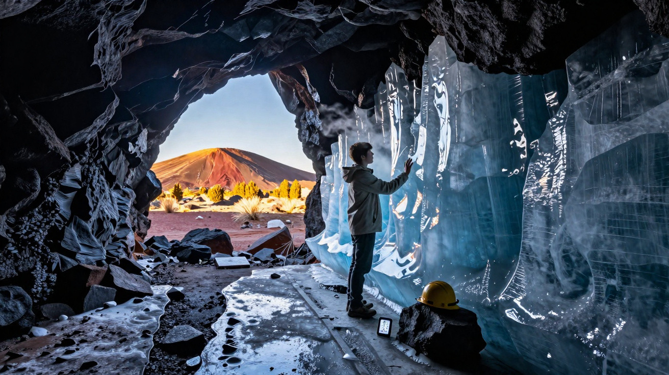 Pessoa dentro de caverna de gelo a tocar estalactites com montanha e vegetação ao fundo ao pôr do sol.