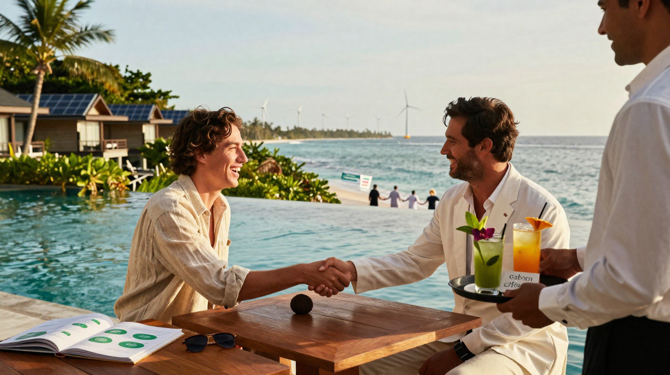 Dois homens a apertar as mãos numa esplanada junto a uma piscina e ao mar, com um empregado a servir bebidas.