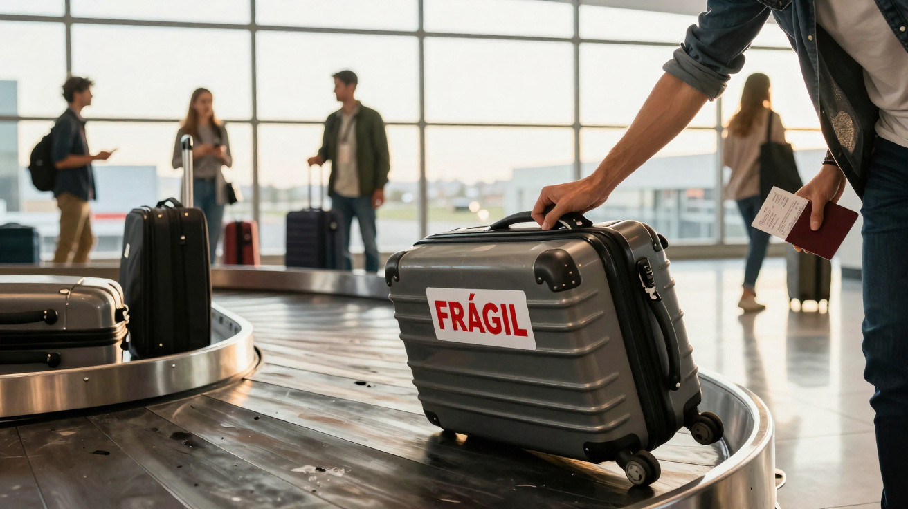 Mala com etiqueta "Frágil" a ser recolhida numa esteira bagageira de aeroporto, com pessoas ao fundo.