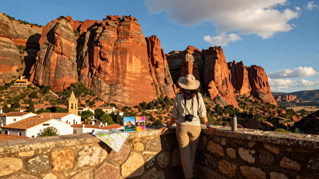 Turista a observar formações rochosas vermelhas de um miradouro com mapas numa vila rural ao pôr do sol.