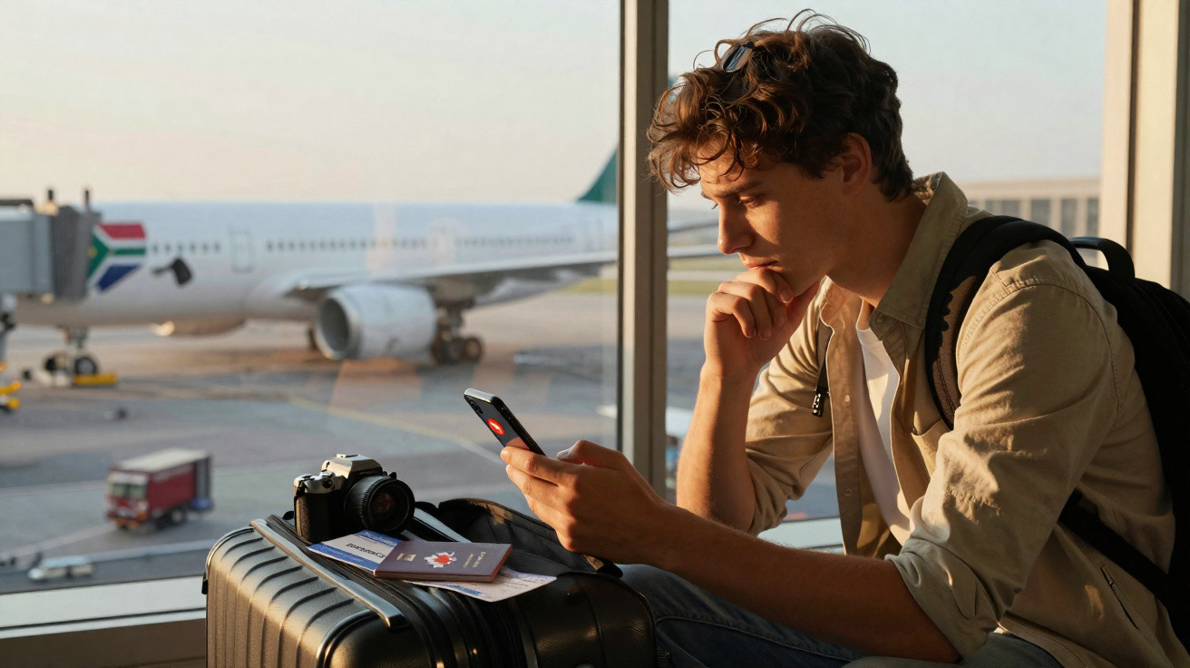 Jovem sentado no aeroporto usando telemóvel, com mala, passaporte e camara, avião ao fundo.