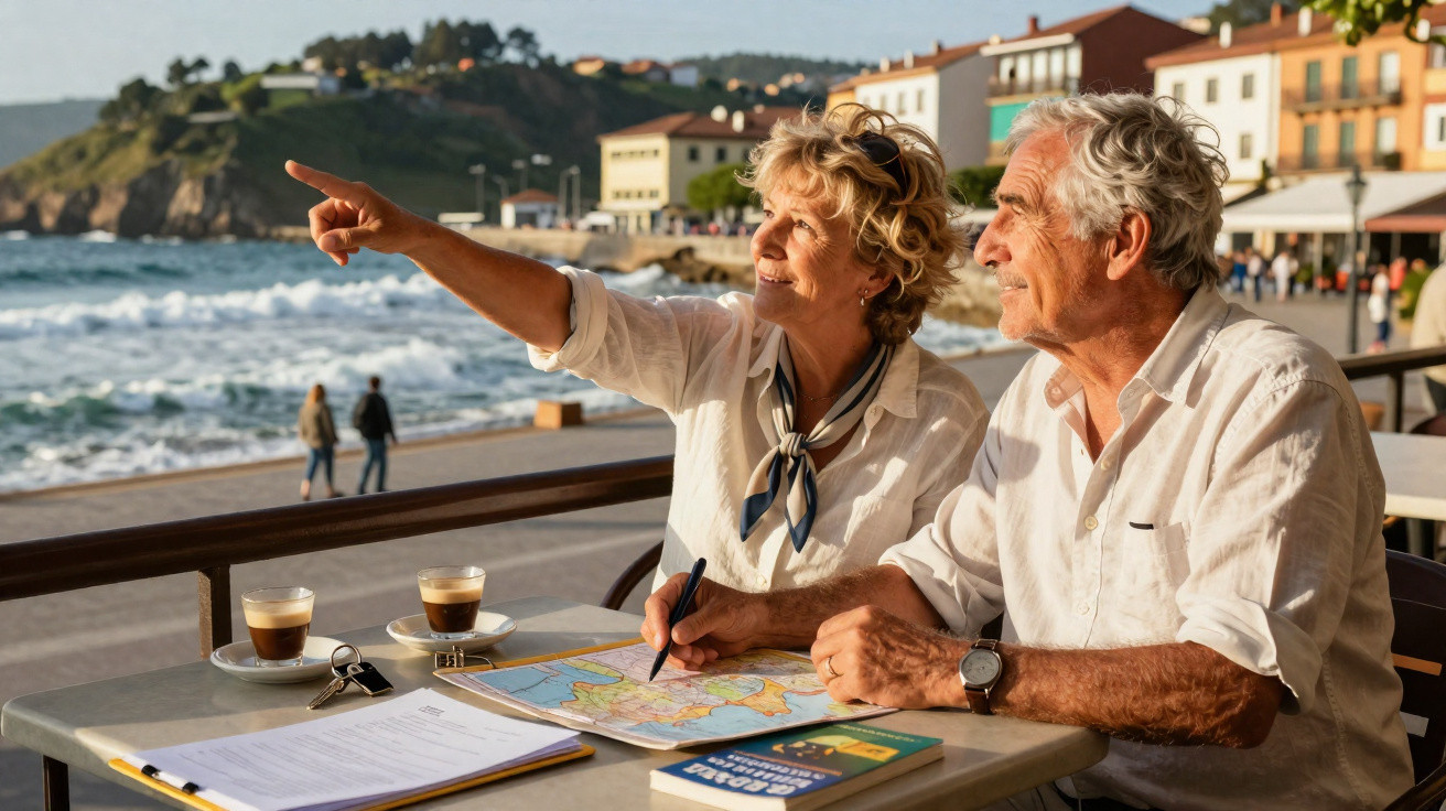 Casal sénior planeia viagem à beira-mar com mapa, livros e café numa esplanada ensolarada.