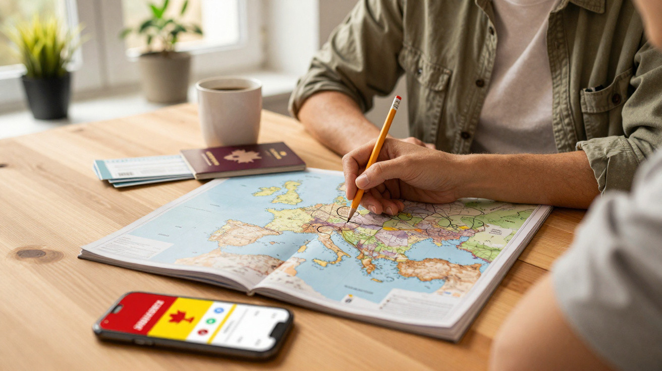 Pessoa a planear viagem na Europa com mapa, passaporte, bilhete e telemóvel numa mesa de madeira.