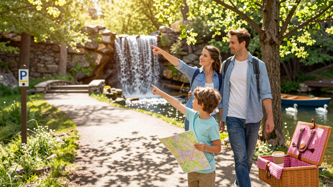 Família a passear num parque com mapa, apontando para uma cascata com luz solar e árvores ao fundo.