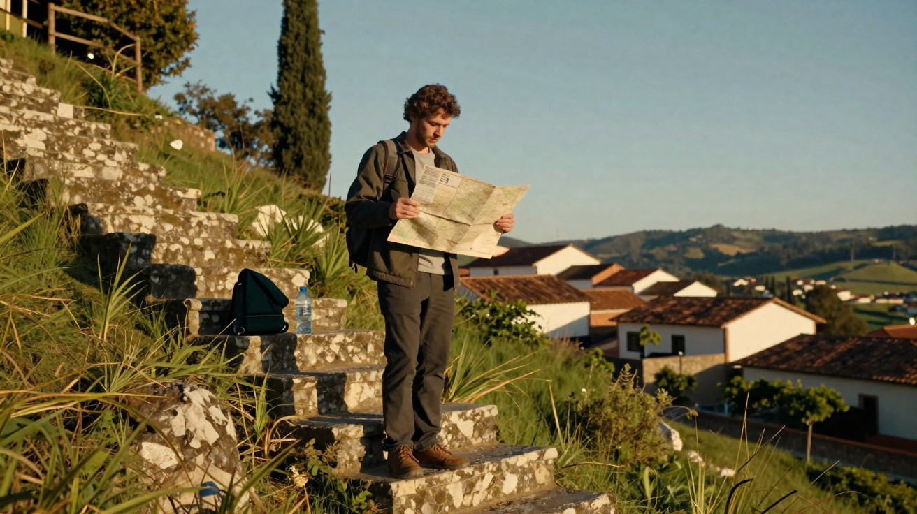 Homem com mochila a ler um mapa em escadas exteriores de pedra, com casas e colinas ao fundo.