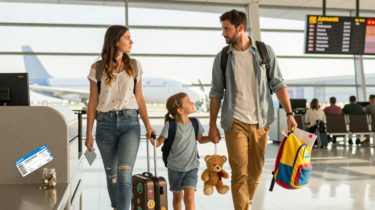 Família de três pessoas no aeroporto com bagagens e ursinho de peluche, prontos para viajar.