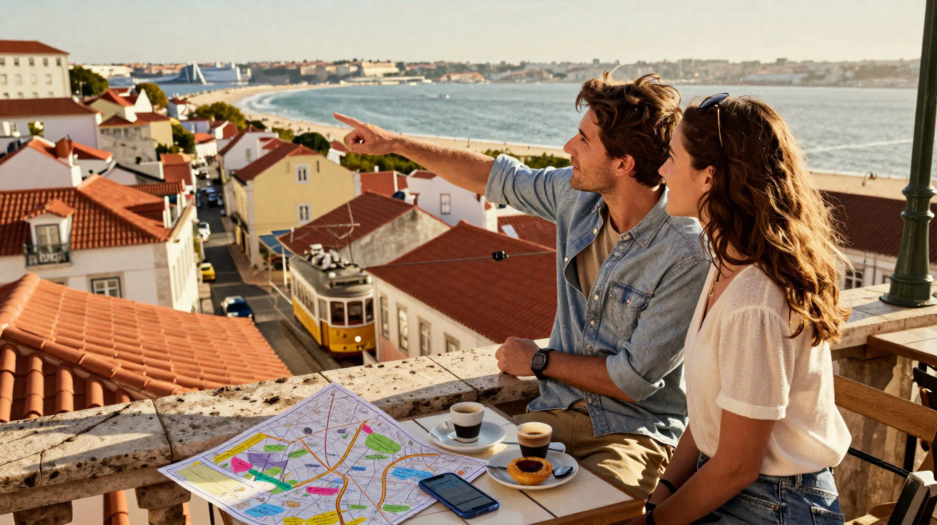 Casal observa vista da cidade e praia em Lisboa, com mapa, café e pastel de nata sobre mesa ao sol.