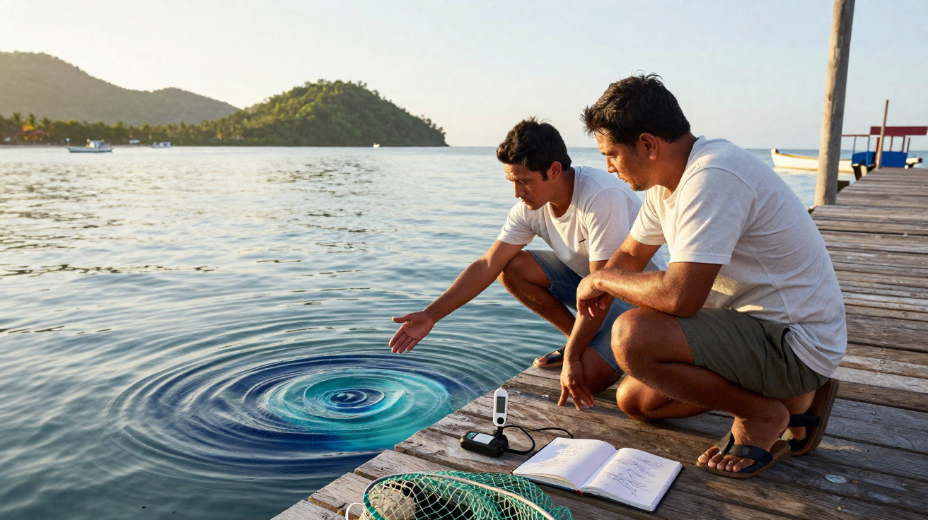 Dois homens observam o mar enquanto fazem medições na água num cais de madeira ao pôr do sol.