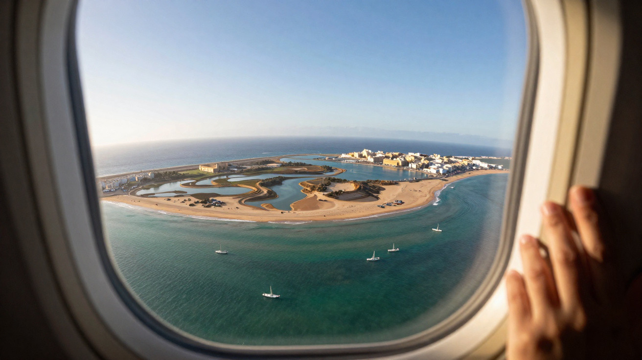 Vista aérea de uma ilha com praias, construções e barcos, vista pela janela de um avião com uma mão na borda.