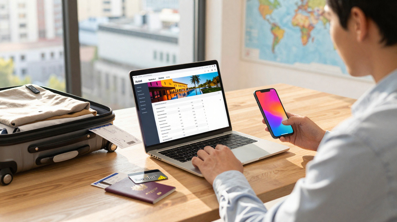 Pessoa a usar laptop e smartphone numa mesa com mala, passaporte e bilhete de viagem.