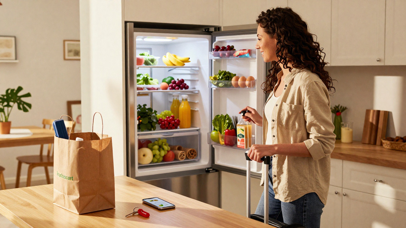 Mulher a abrir frigorífico cheio de frutas e legumes numa cozinha moderna e luminosa.