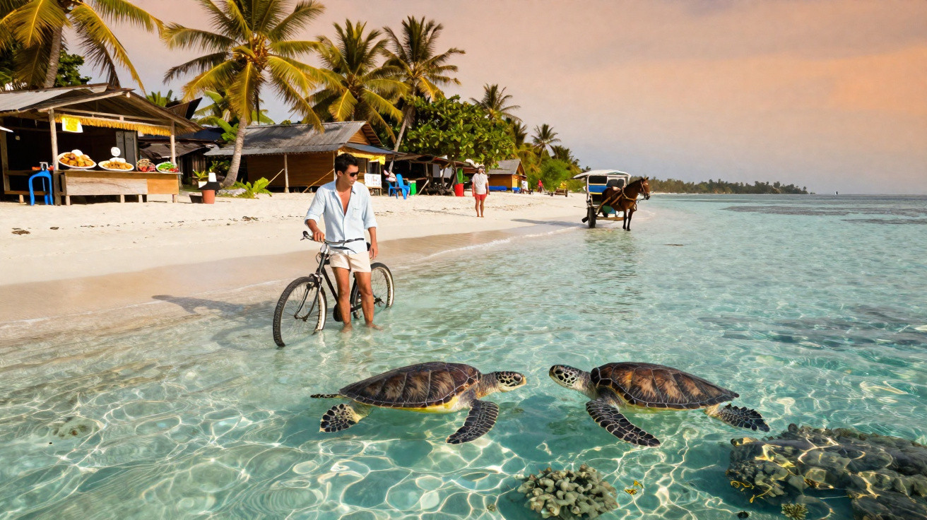 Homem com bicicleta na água transparente da praia, tartarugas nadando, palmeiras e cabanas ao fundo.