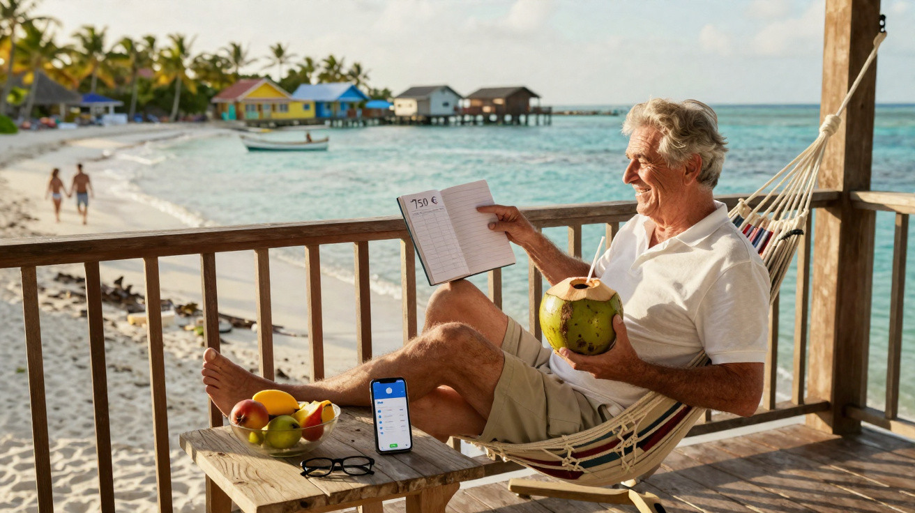 Homem sénior relaxa numa rede à beira-mar com caderno, smartphone e coco fresco numa varanda em resort de praia.