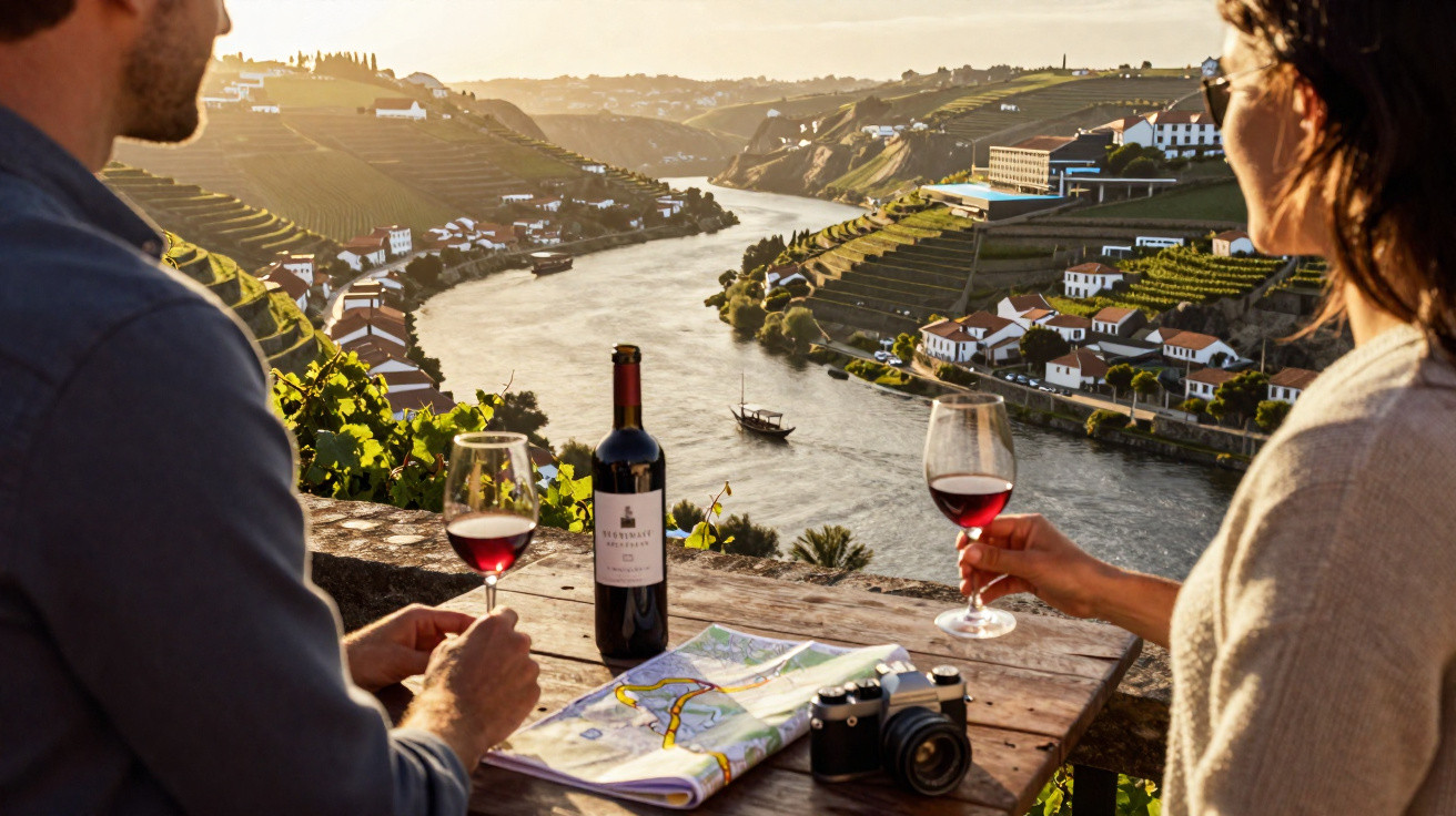 Casal a beber vinho tinto com vista para o rio Douro e vinhas em encostas ao pôr do sol.