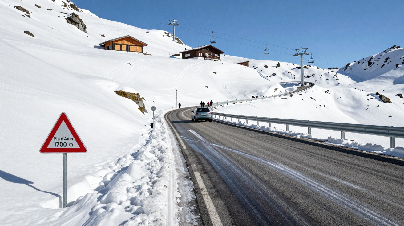 Estrada sinuosa coberta de neve com sinal de altitude e casas junto a montanha sob céu limpo.