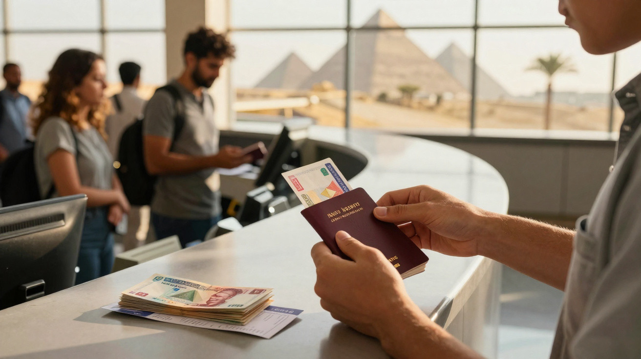 Pessoa com passaporte e bilhete num balcão de check-in com pirâmides ao fundo.