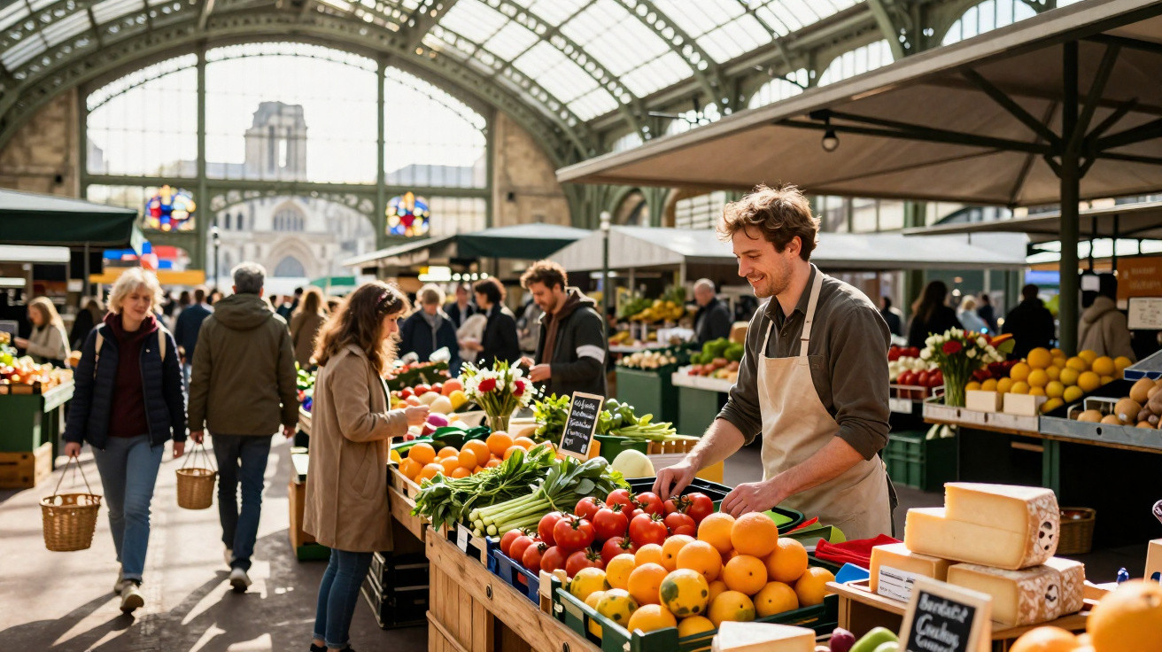 Mercado coberto com bancas de frutas e legumes, vendedor atento e clientes a comprarem produtos frescos.