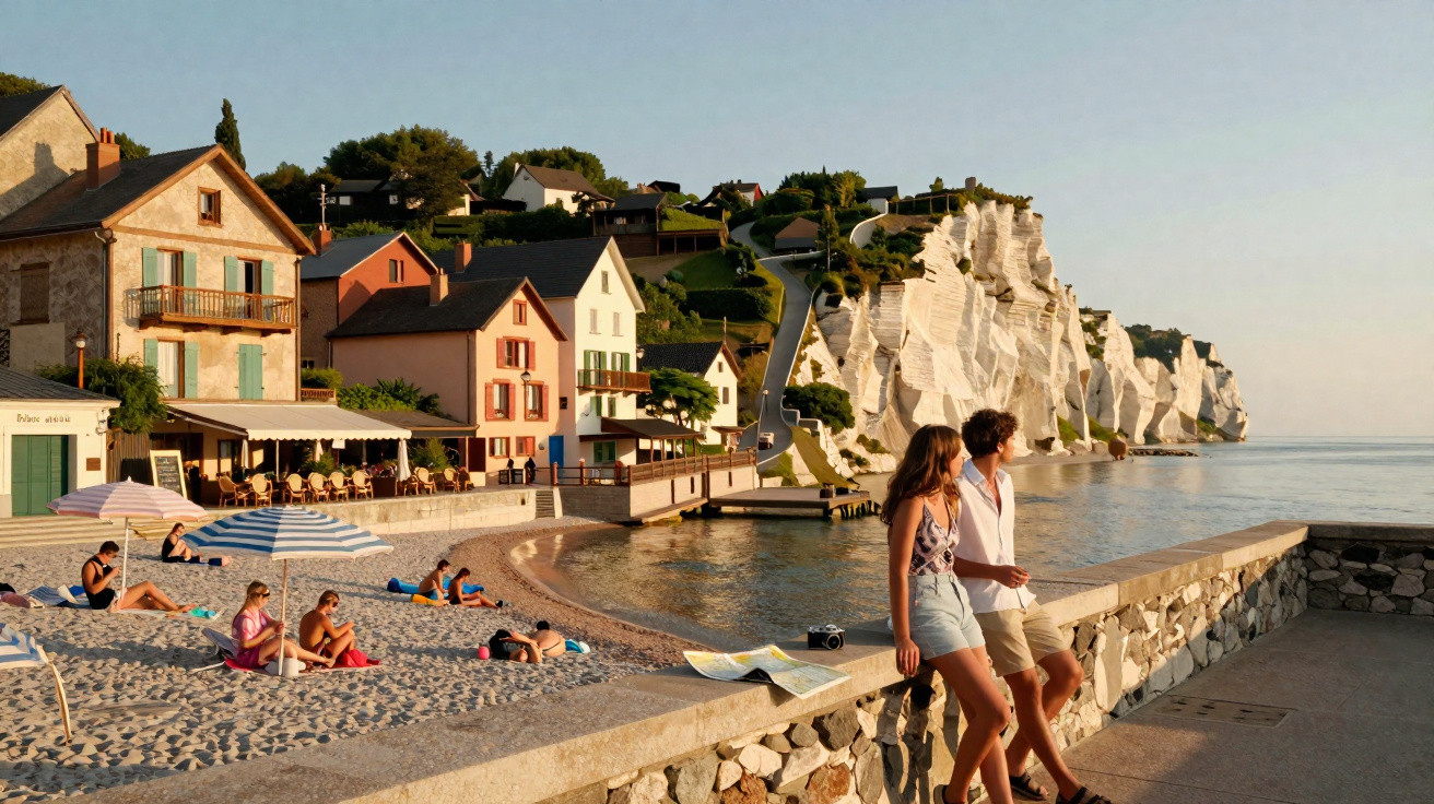Casal junto a muro com praia, pessoas, casas e falésias brancas ao fundo ao pôr do sol.