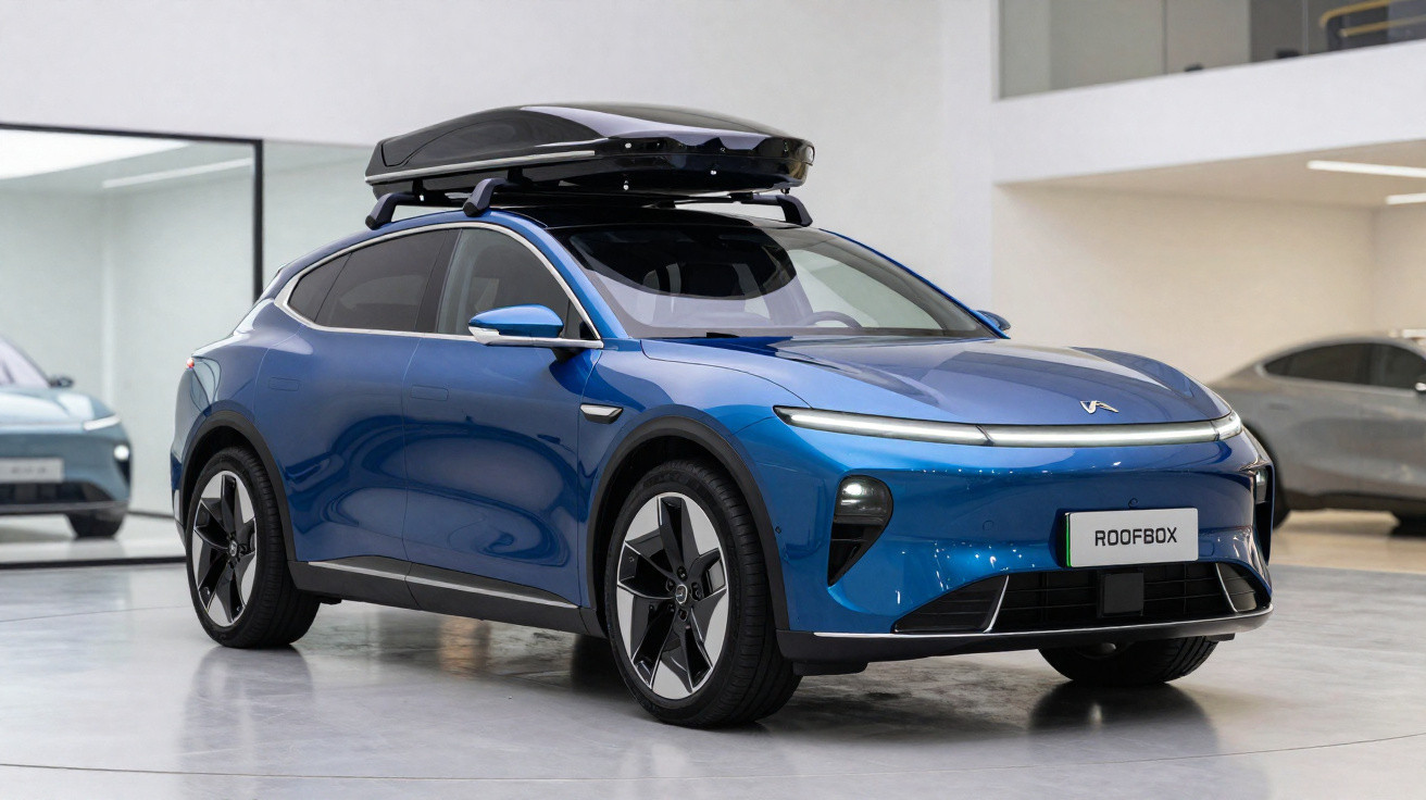Carro elétrico azul moderno com bagageira de tejadilho preta em interior espaçoso e luminoso.