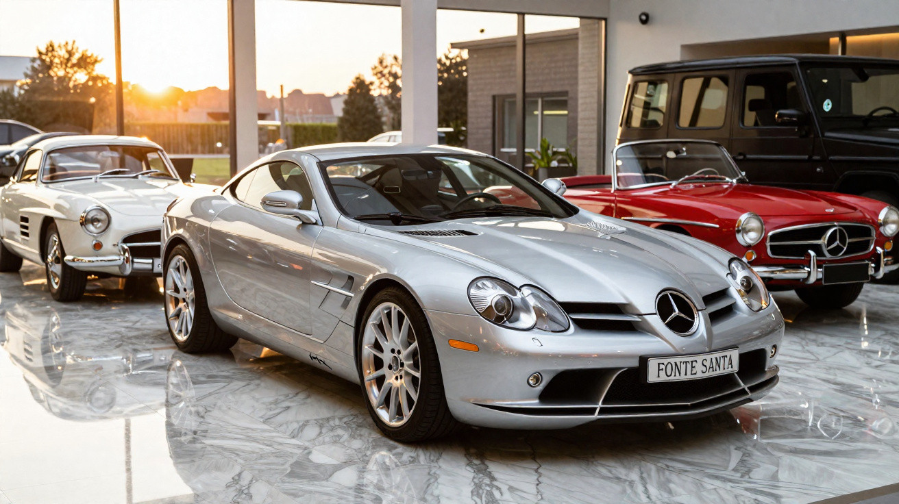 Carros Mercedes-Benz clássicos e modernos expostos num salão com chão em mármore e iluminação natural.