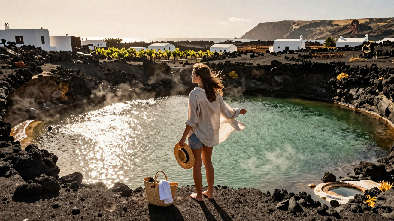 Mulher de pé junto a lagoa vulcânica com vapor, rodeada por pedras negras e casas brancas ao fundo.