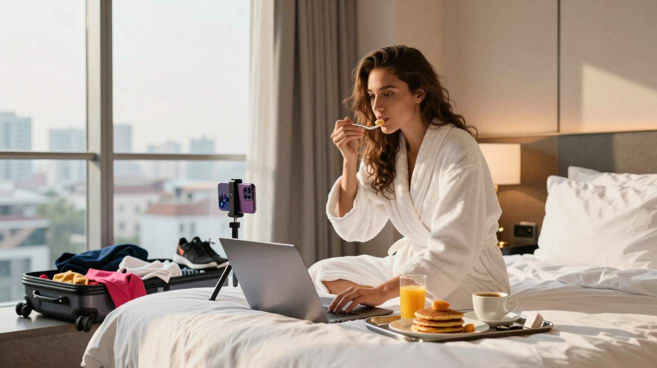 Mulher a comer panquecas enquanto usa portátil numa cama de hotel, com telemóvel em tripé e mala aberta ao fundo.