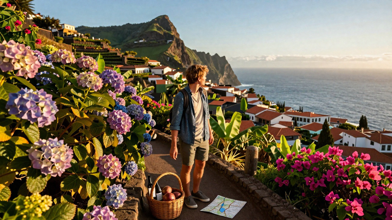 Jovem com cesta e mapa contempla vila costeira rodeada de flores coloridas e montanhas ao pôr do sol.
